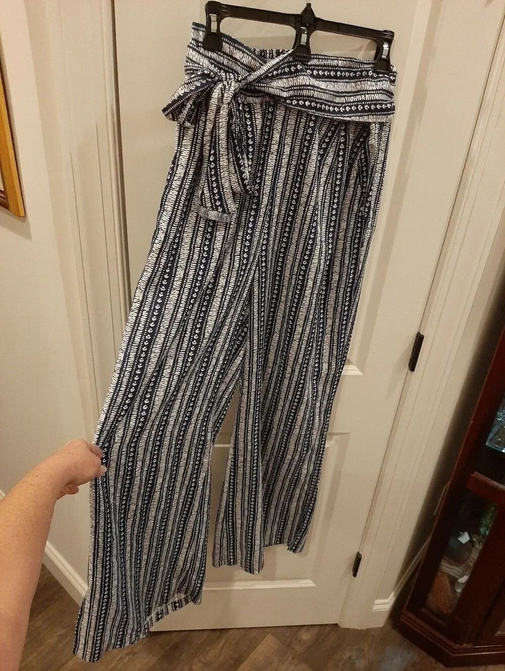 Hatley Blue White Boho Wide Leg Pants Smocked Waist Tie Front Size M